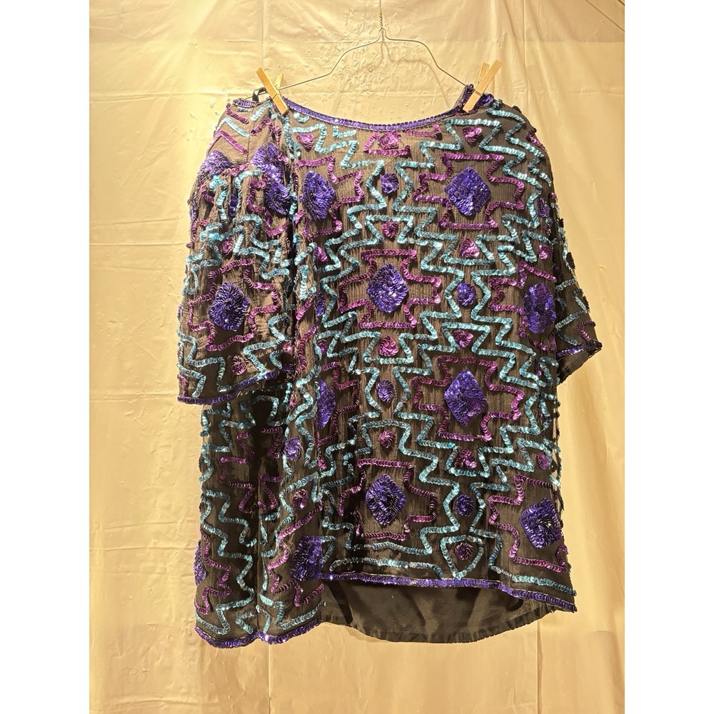 Stenay Women's XL Black Silk Sequined Hook/ Eye Back Neck Party Cocktail Top